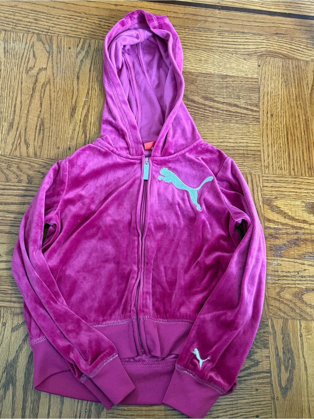 Puma Girls Pink Velvet Zip-Up Hoodie with Teal Logo